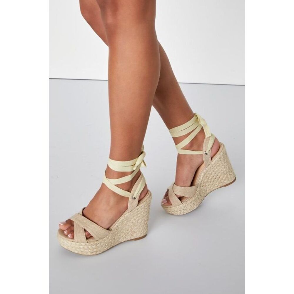 NIB Lulus Esme Natural Lace-up Espadrille Wedges Beige - Size 7.5